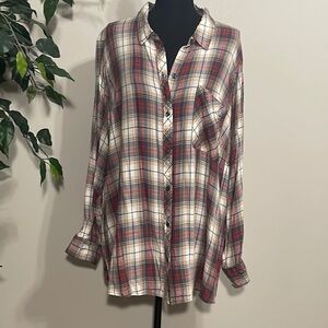 Terra & Sky Women’s Plaid Button down blouse. Size 4X. Color: red, tan, blue